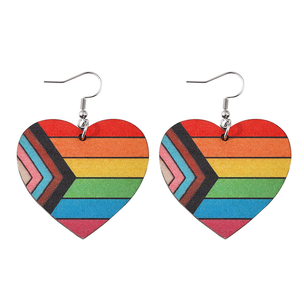Mes de orgullo al por mayor Rainbow Gay Stars Love Flag Wood Pendientes de madera